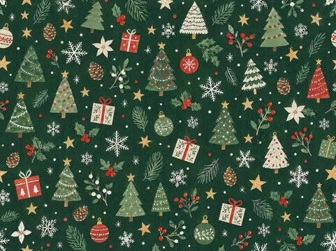 Colorful Christmas pattern with trees, gifts, and decorative elements on a dark green background