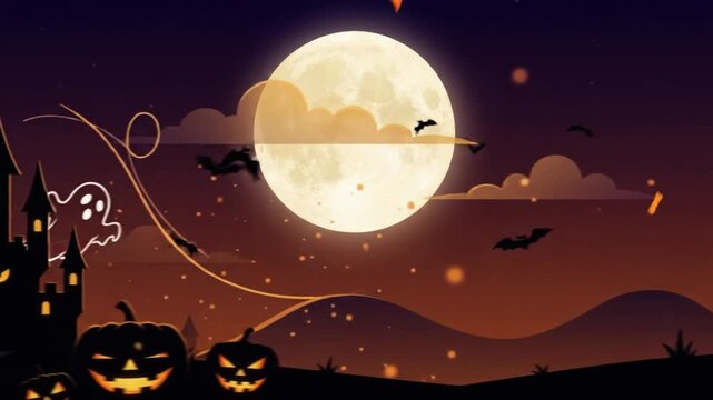 Animated halloween background with a haunted castle pumpkins and a full moon in the night sky with halloween landscape with landscape