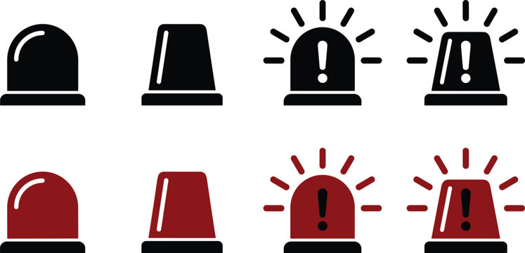 Emergency siren and flasher vector icon set featuring black and red warning lights with exclamation point alert symbols for safety sign layout