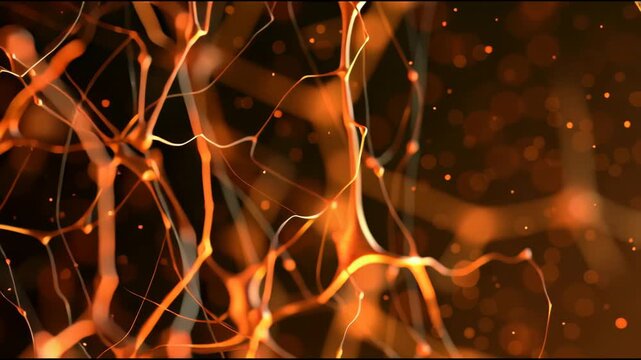 Cells with bright connections pulse and shimmer in a dark setting, showing a dynamic network of glowing elements over time.