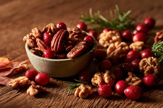 Bowl of roasted pecans and fresh cranberries with walnuts and rosemary on a rustic wooden table