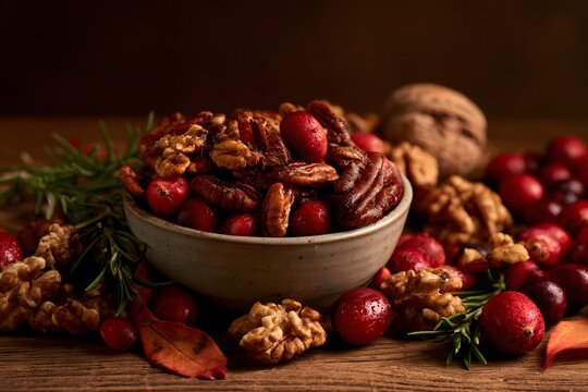 Bowl of roasted pecans and fresh cranberries with walnuts and rosemary on a rustic wooden table