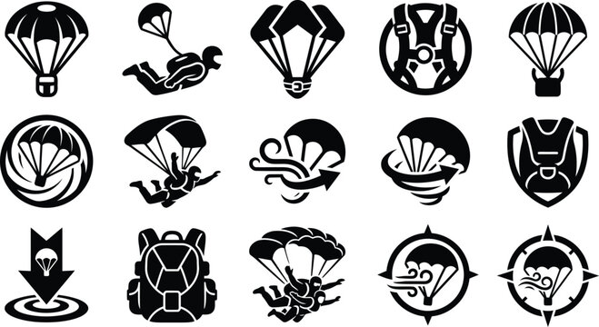 Set of isolated skydiving and parachuting solid black glyph icons