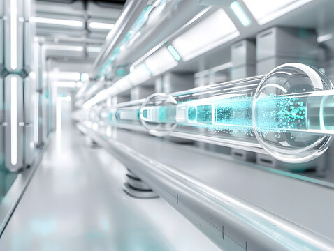 Industrial cleanroom corridor with complex overhead silver piping and blue neon strip lights, advanced engineering, 3d render