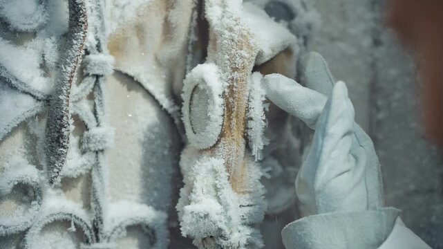 Frost covered valve with gloved hand, closeup of iceencrusted pipes and instrument panels inside abandoned laboratory, research technician probing sample connection, textured rust and residue, cold