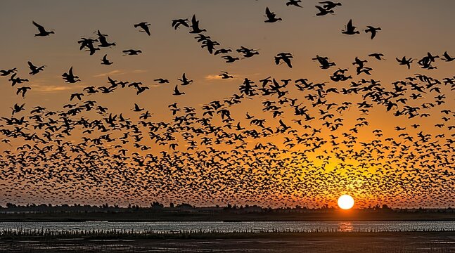 Massive Flock of Migratory Geese Flying Over a Wetlands Landscape at Sunset