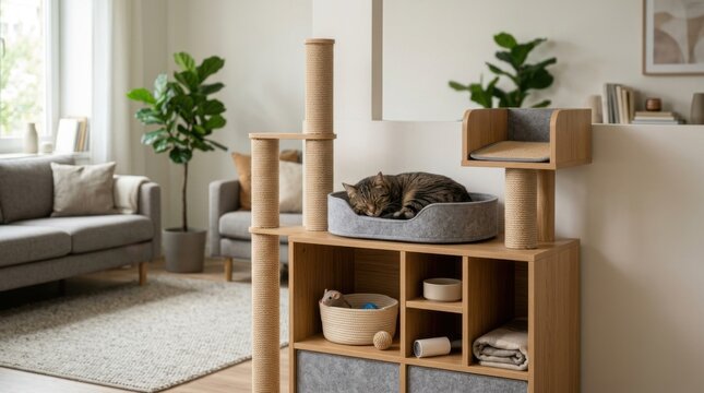 Cat Sleeping Comfortably on Modern Modular Pet Furniture