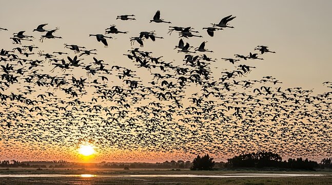 Massive flock of migratory birds flying in formation at sunset over a tranquil body of water