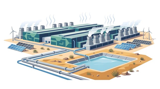 Isometric flat illustration of an eco-friendly AI data center facility with solar panels, wind turbines, cooling towers, water pools, and green infrastructure for sustainable energy management.