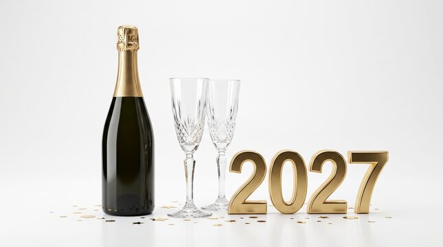 Champagne bottle and two glasses with gold 2027 numbers