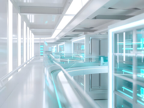 Futuristic tech laboratory hallway with blue glass panels and overhead server infrastructure, data center interior, 3d render