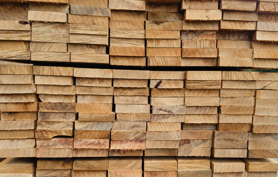 Wood planks texture background stacked timber boards pattern in full frame. Raw lumber stack ends close up for industrial design backdrop.