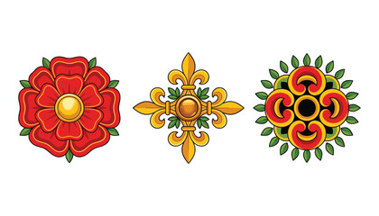 Medieval heraldic emblems and vintage ornamental vector set. Tudor rose, golden fleur de lis cross, floral rosette, green leaves, royal insignia and historical design elements. © SALINA