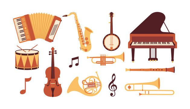 Musical instruments orchestra flat vector element set. Grand piano, saxophone, accordion, trumpet, violin, drum, french horn, trombone, banjo, flute and music notes.