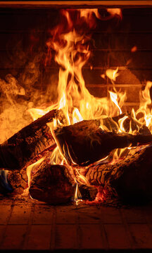 Fireplace burning wood logs. Cozy warm home in winter, Christmas time bonfire. Fire flames