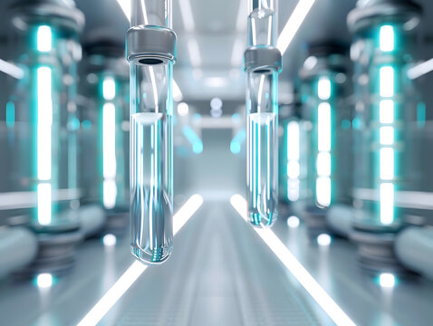 Symmetrical perspective of a high tech medical cleanroom corridor with neon blue light installations, 3d render