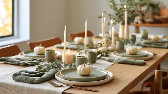 Elegant thanksgiving table setting with white pumpkins, sage green plates, and taper candles on a rustic wooden table