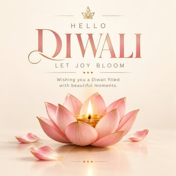 Elegant diwali greeting card featuring a beautiful glowing pink lotus flower diya with soft petals on a light beige background for celebration