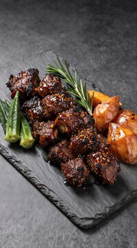 Grilled beef cubes glazed with sauce served with roasted potatoes, okras and rosemary on a black slate plate