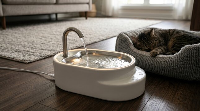 Pet water fountain providing fresh flowing water for hydration, with a cat resting nearby.
