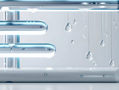 Abstract close up of a clear glass panel with condensation water droplets in a futuristic laboratory environment, 3d render