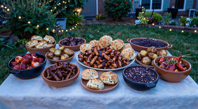 Outdoor garden table spread featuring various roasted potatoes beans and baked goods for a festive celebration