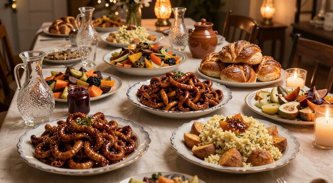 A lavish Shabbat dinner table laden with traditional Jewish dishes including challah bread, savory sausages, colorful salads, and festive candles