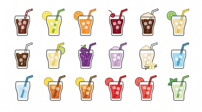 Soft drink glass icon set featuring carbonated beverages, refreshing refreshments, drinking straw, minimalist vector illustration style.