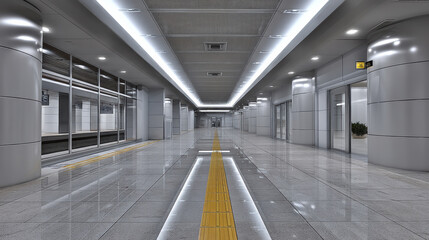 Obraz premium Modern subway station platform with empty polished floor, bright lighting, and yellow tactile paving for safety
