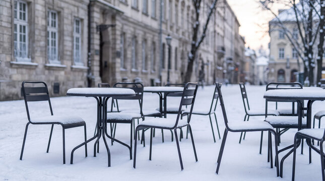 Empty street cafe tables and chairs covered in snow on a cold winter day in a historic city