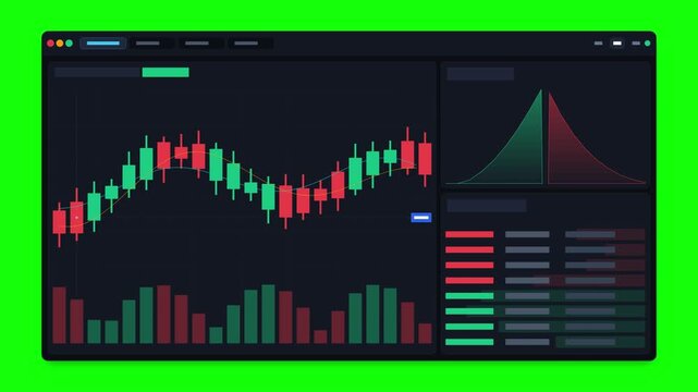 Stock market trading dashboard with candlestick charts on green screen