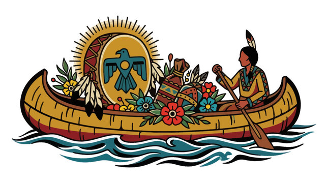 Native American canoe with sun symbol and cultural art
