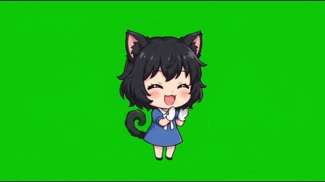 Chibi anime cat girl clapping hands happily on green screen background loop animation.
