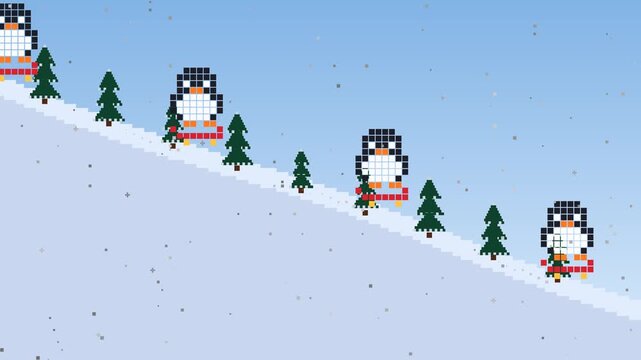 Cute pixel art penguins sliding down a snowy hill on red sleds past pine trees, playful retro winter game scene