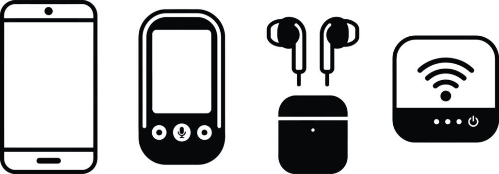 Set of four black and white icons representing modern communication and mobile technology devices