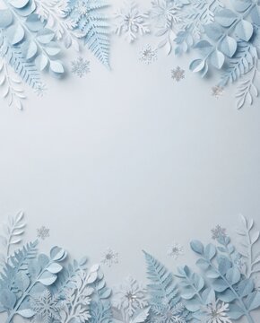 Light blue winter background with delicate paper cut leaves and snowflakes, empty copy space.   
