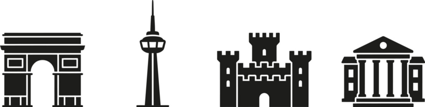 Set of four black silhouette icons of famous architectural landmarks