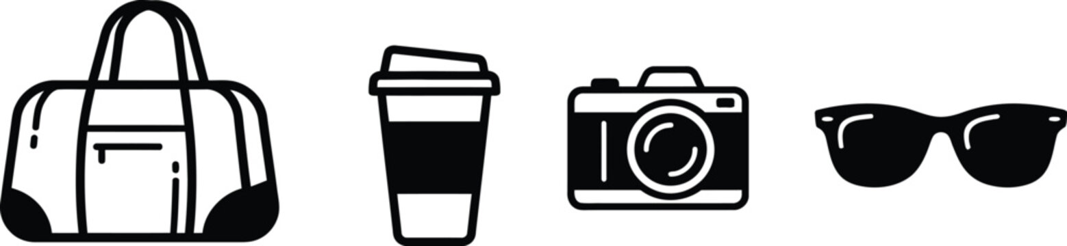 Set of travel icons including a duffel bag, coffee cup, camera, and sunglasses