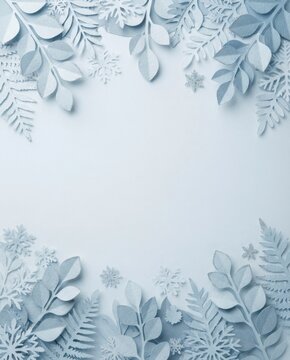 Soft blue winter holiday background with delicate paper cut leaves and snowflakes. Elegant Christmas frame.