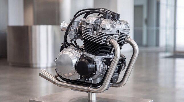 Detailed motorcycle engine, chrome exhaust pipes, complex internal combustion machinery, polished metal surfaces, mechanical engineering, automotive technology, presented on a stand