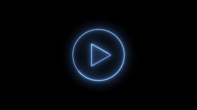 A blue neon play button animates with a pulsating glow against a black backdrop