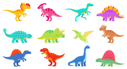 Colorful cartoon dinosaur characters set featuring prehistoric wild animals   Flat vector graphic illustration © Stocklume