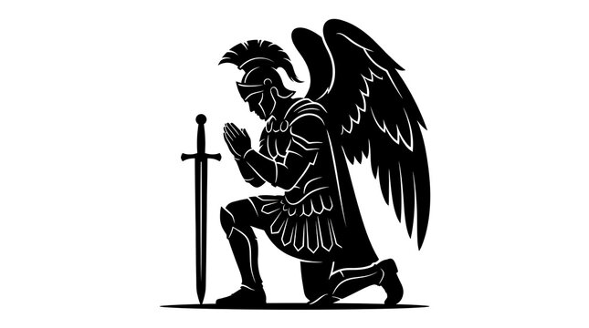 Praying Archangel Michael warrior silhouette with wings and sword, isolated on white background