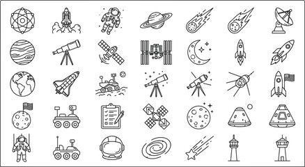 Large space exploration line icons grid collection featuring rocket ships astronauts rovers satellites telescope and astronomy symbols © MDRONIUR