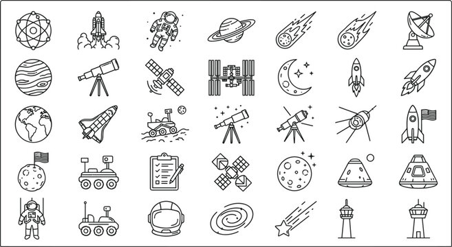 Large space exploration line icons grid collection featuring rocket ships astronauts rovers satellites telescope and astronomy symbols