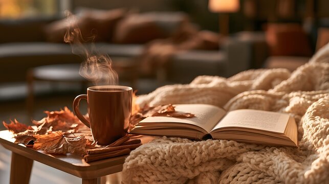 Steaming mug of hot beverage on a wooden table with an open book and autumn leaves in a cozy room
