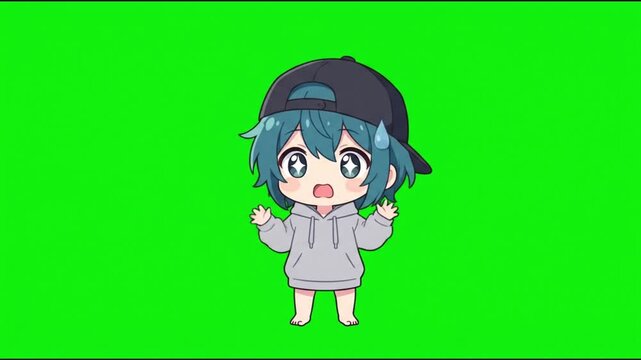 Cute chibi anime boy sweating and panicking green screen overlay animation loop.