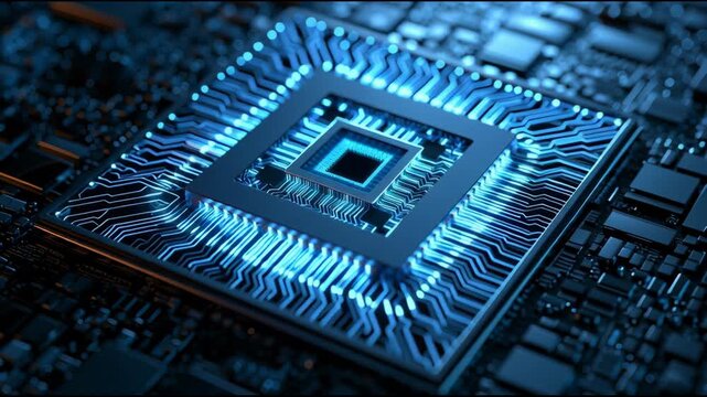 A close-up look at a computer processor with glowing blue lights, showing circuit details and technology in a modern setting.