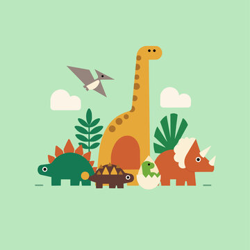 Cute Dinosaur Group &ndash; Brontosaurus, Stegosaurus, Triceratops and Prehistoric Animals Illustration