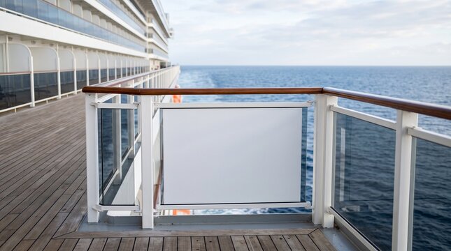 Cruise ship deck with blank banner mockup on railing overlooking open sea